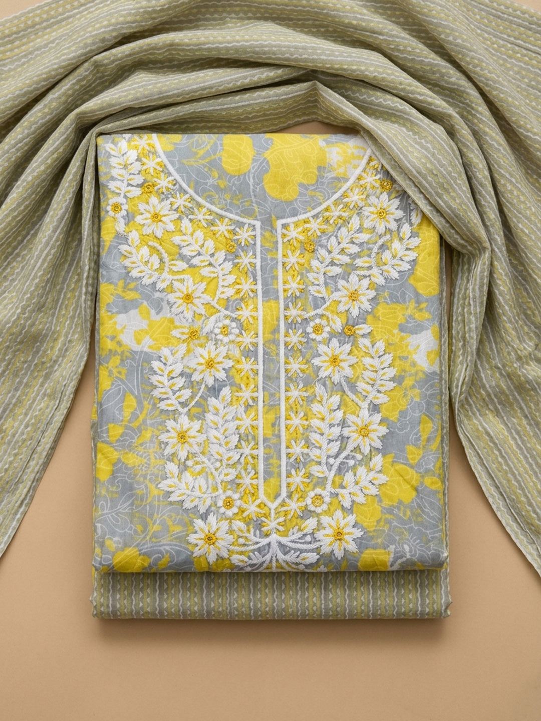 Yellow Embroidered Cotton Blend Unstitched Suit With Pant &amp; Dupatta