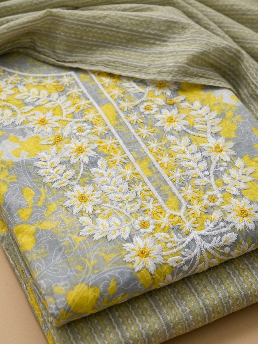 Yellow Embroidered Cotton Blend Unstitched Suit With Pant &amp; Dupatta