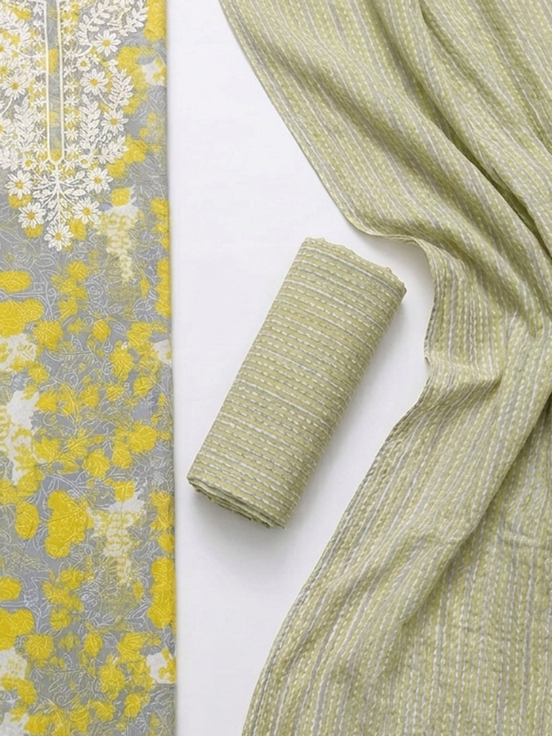 Yellow Embroidered Cotton Blend Unstitched Suit With Pant &amp; Dupatta