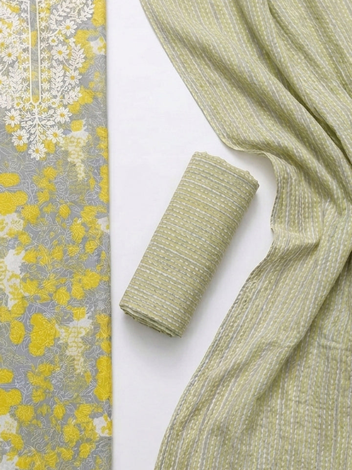 Yellow Embroidered Cotton Blend Unstitched Suit With Pant &amp; Dupatta