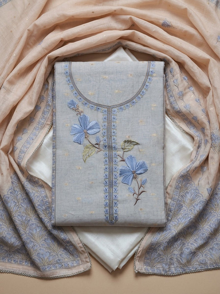 Grey Blue Embroidered Linen Blend Unstitched Suit With Pant &amp; Dupatta
