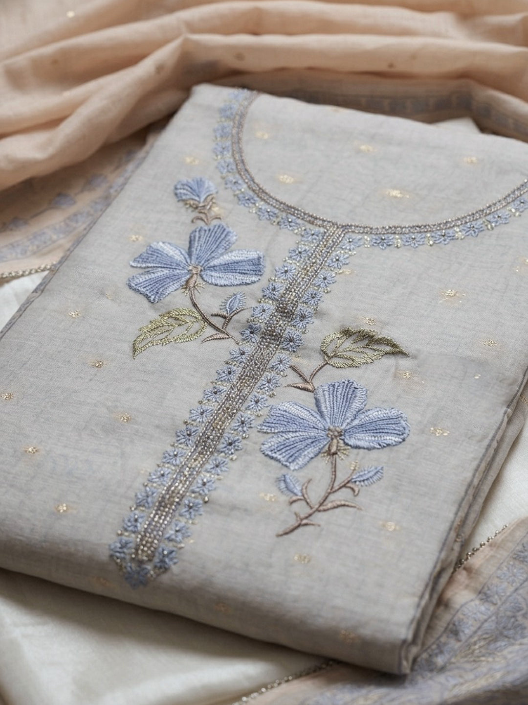 Grey Blue Embroidered Linen Blend Unstitched Suit With Pant &amp; Dupatta