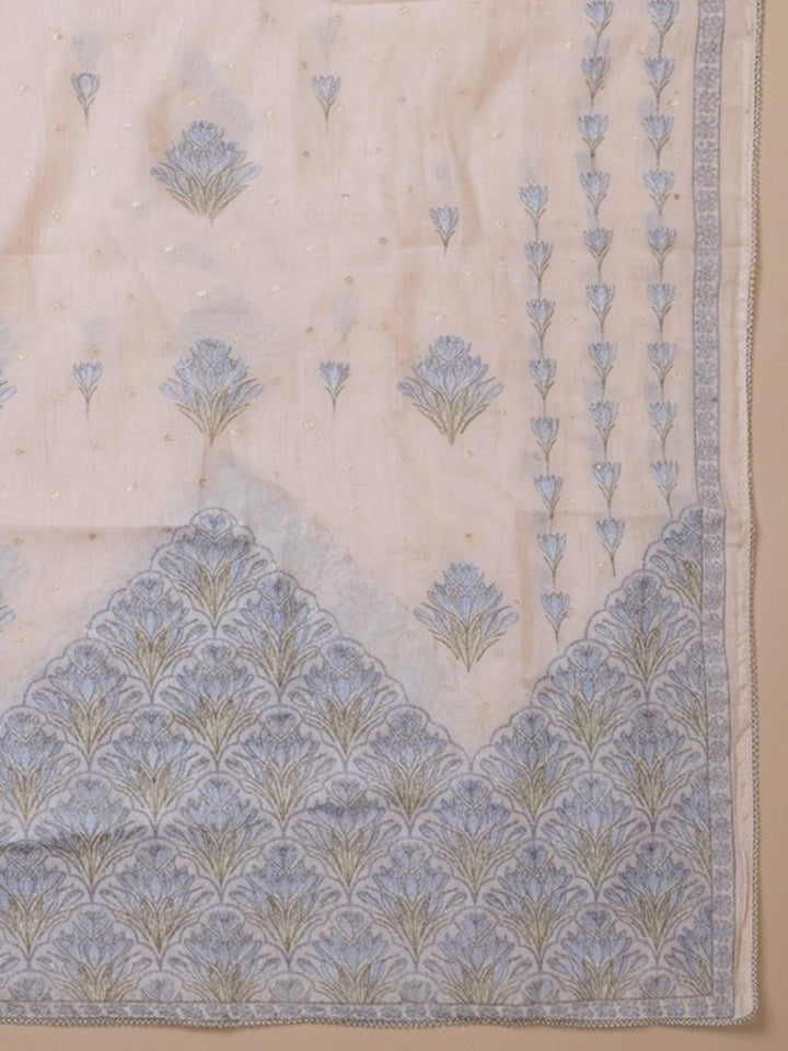 Grey Blue Embroidered Linen Blend Unstitched Suit With Pant &amp; Dupatta