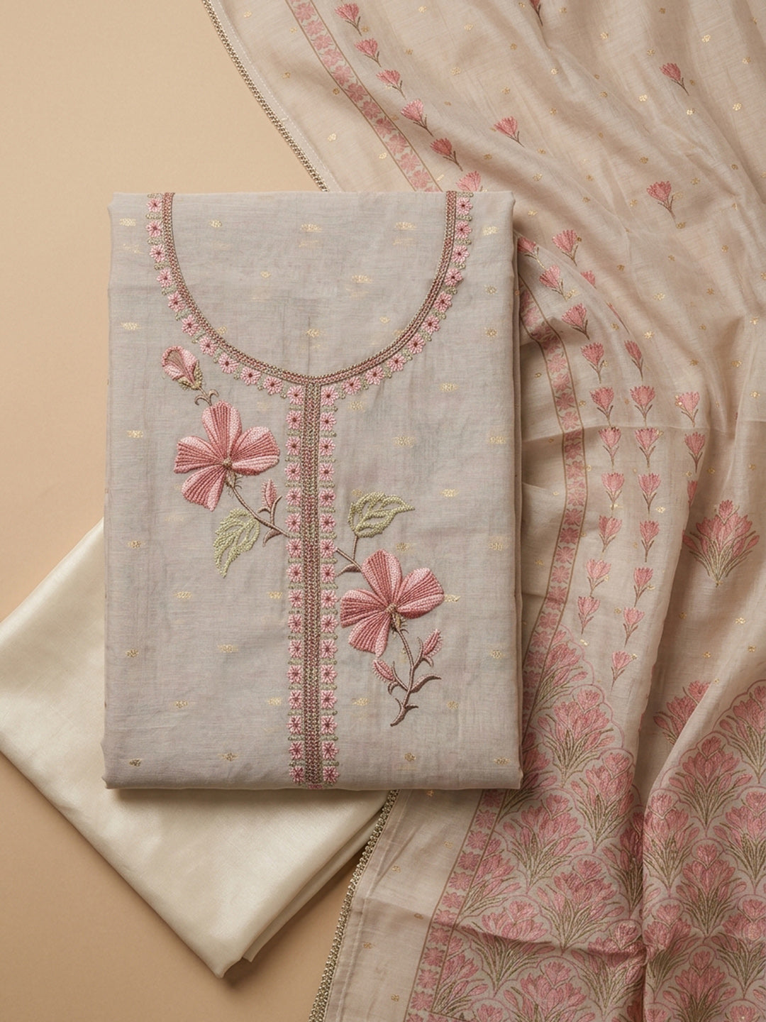 Grey Peach Embroidered Linen Blend Unstitched Suit With Pant &amp; Dupatta