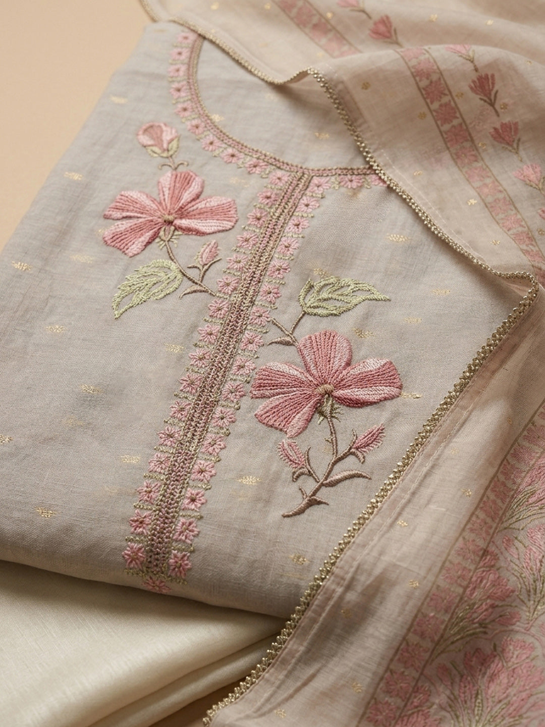 Grey Peach Embroidered Linen Blend Unstitched Suit With Pant &amp; Dupatta