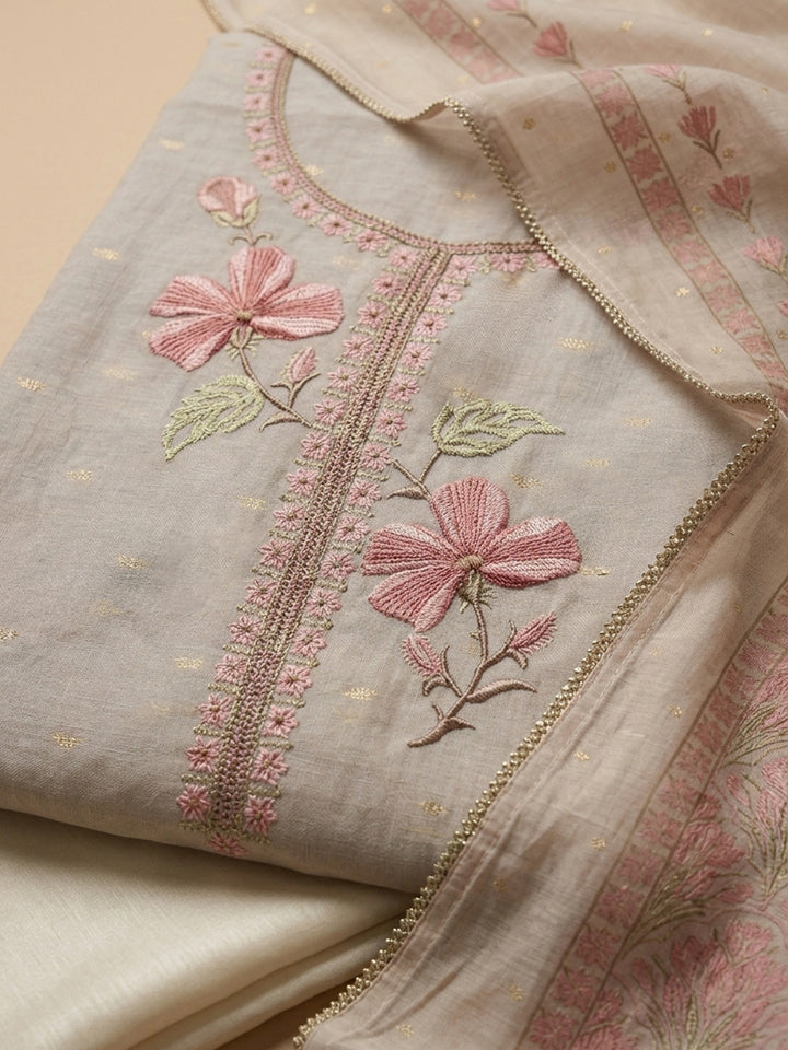 Grey Peach Embroidered Linen Blend Unstitched Suit With Pant &amp; Dupatta