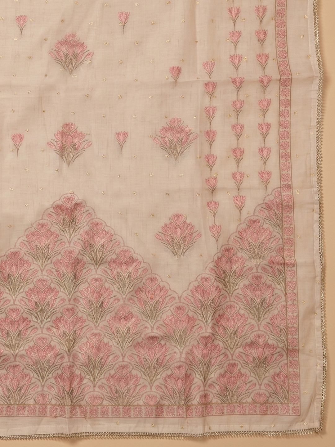Grey Peach Embroidered Linen Blend Unstitched Suit With Pant &amp; Dupatta