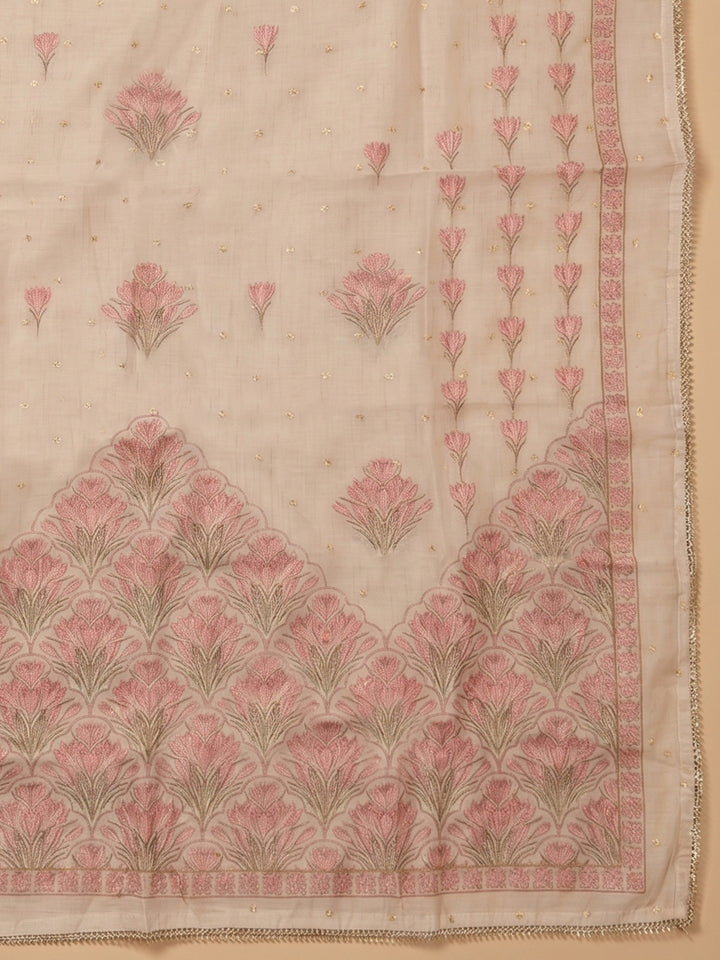 Grey Peach Embroidered Linen Blend Unstitched Suit With Pant &amp; Dupatta