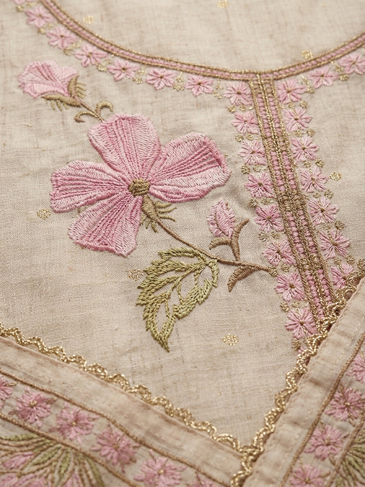 Grey Pink Embroidered Linen Blend Unstitched Suit With Pant &amp; Dupatta
