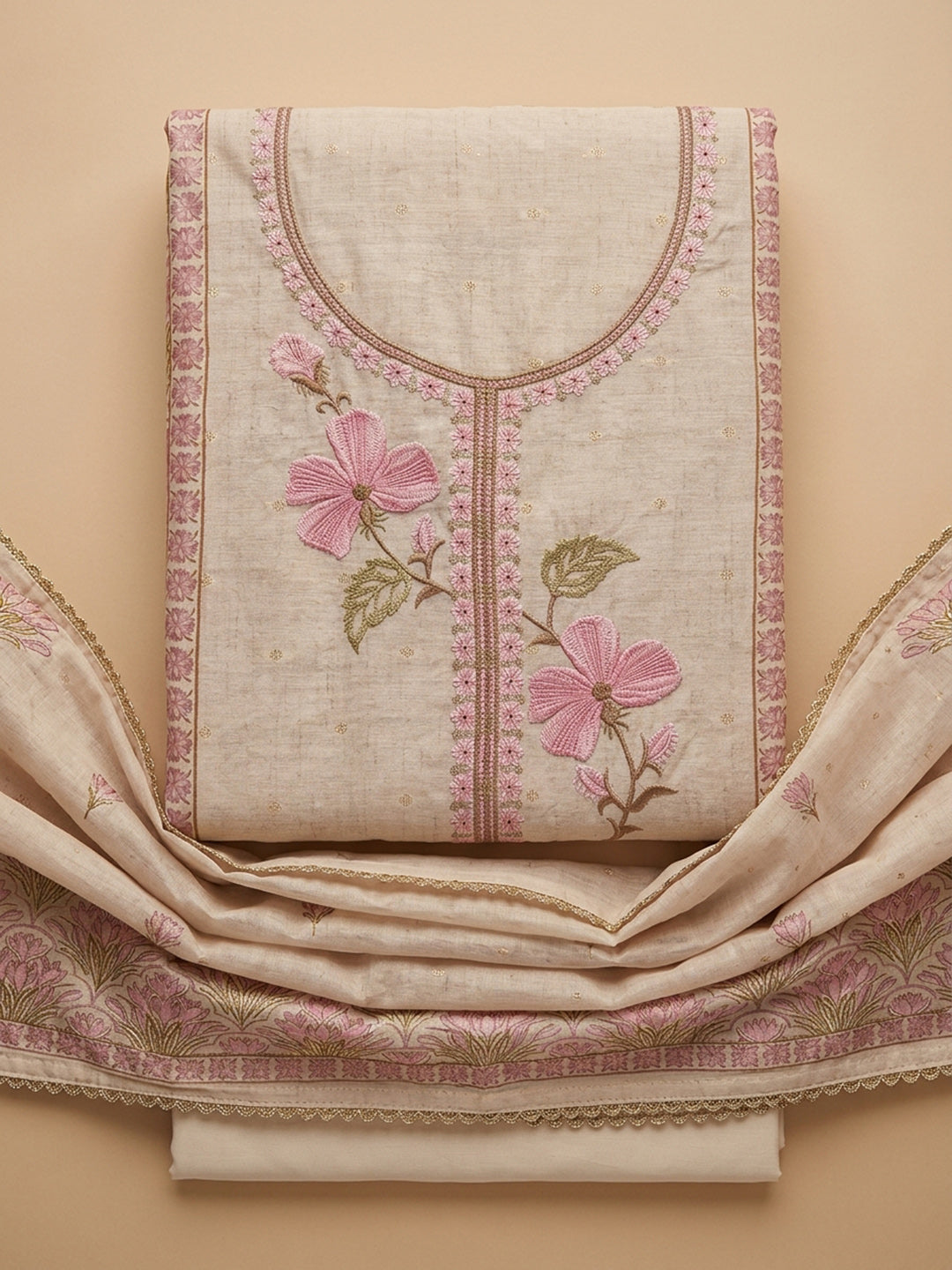 Grey Pink Embroidered Linen Blend Unstitched Suit With Pant &amp; Dupatta