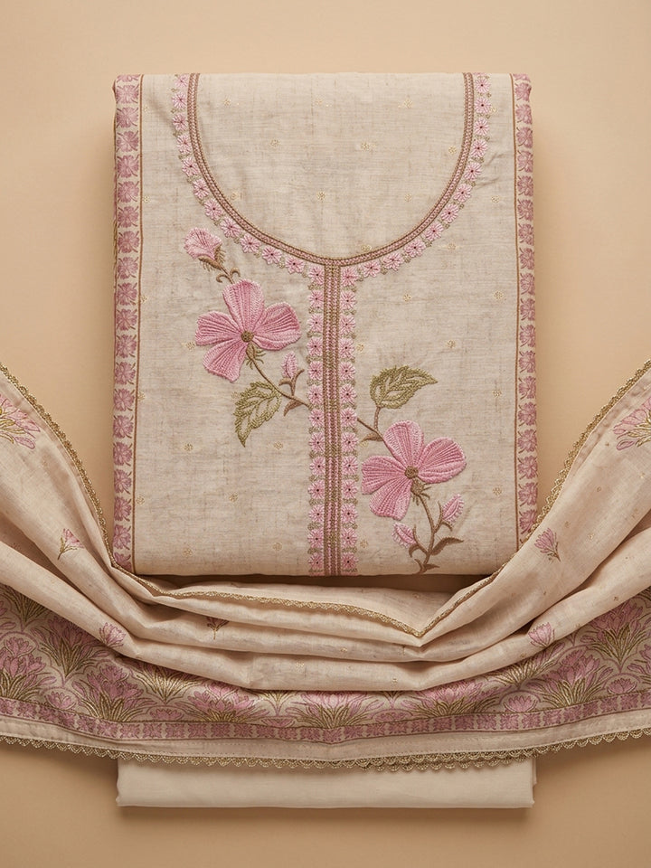 Grey Pink Embroidered Linen Blend Unstitched Suit With Pant &amp; Dupatta