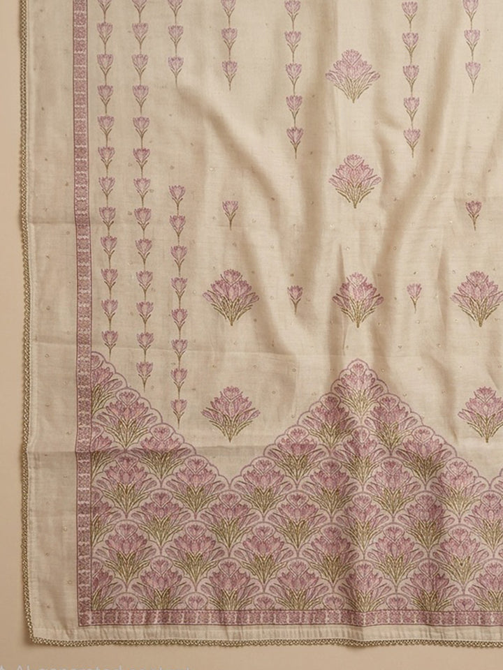 Grey Pink Embroidered Linen Blend Unstitched Suit With Pant &amp; Dupatta