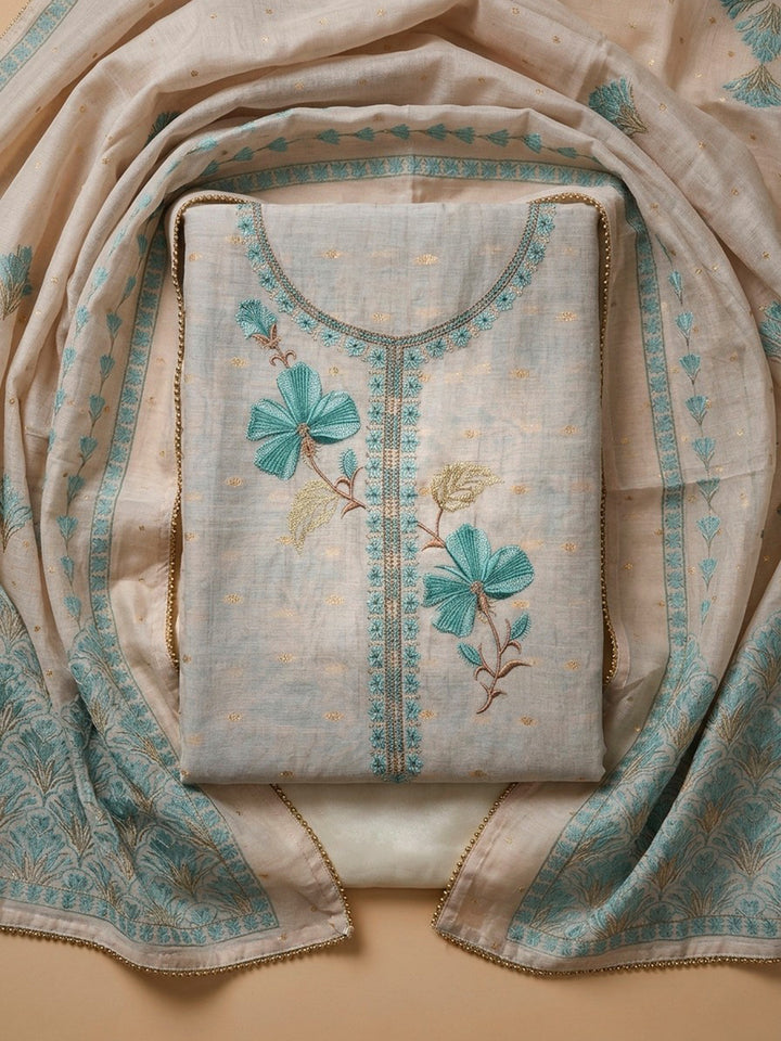 Grey Sea Green Embroidered Linen Blend Unstitched Suit With Pant &amp; Dupatta