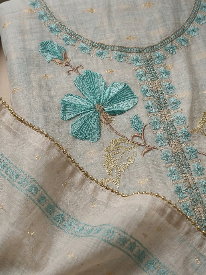 Grey Sea Green Embroidered Linen Blend Unstitched Suit With Pant &amp; Dupatta