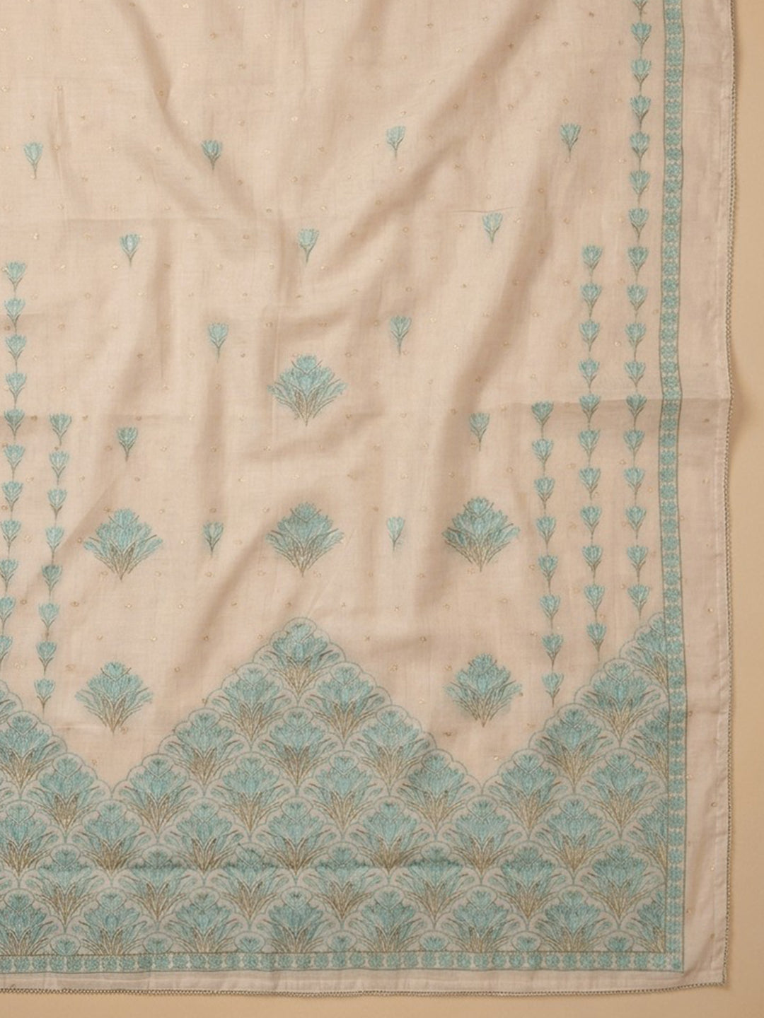 Grey Sea Green Embroidered Linen Blend Unstitched Suit With Pant &amp; Dupatta