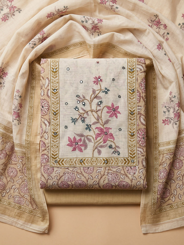 Beige Embroidered Cotton Blend Unstitched Suit With Pant &amp; Dupatta
