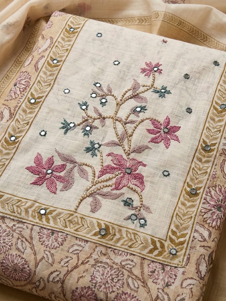 Beige Embroidered Cotton Blend Unstitched Suit With Pant &amp; Dupatta