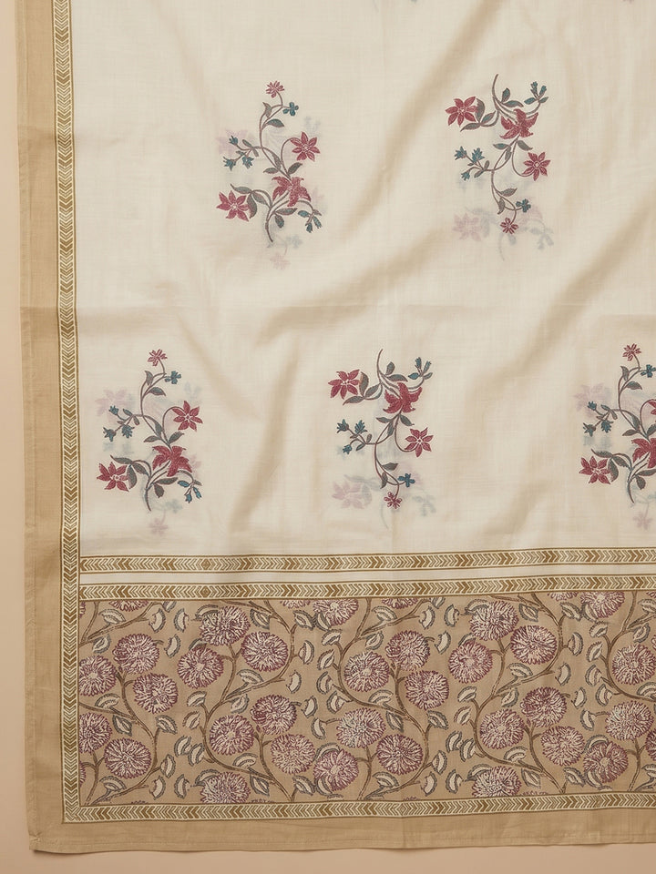 Beige Embroidered Cotton Blend Unstitched Suit With Pant &amp; Dupatta