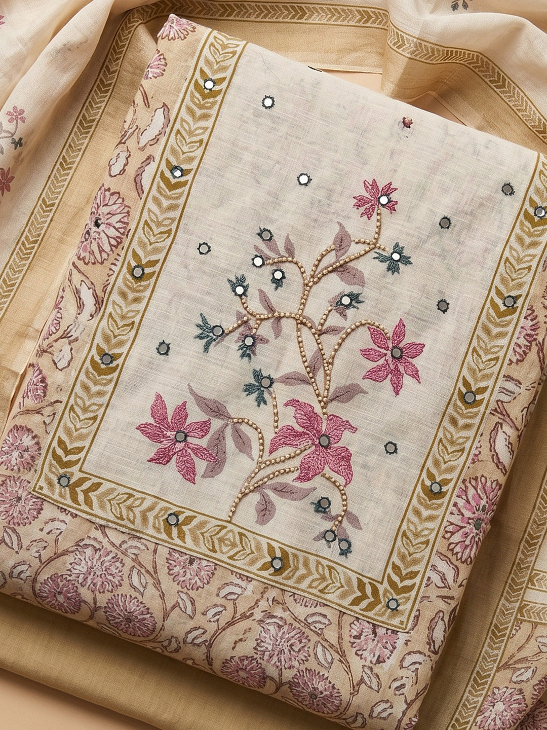 Beige Embroidered Cotton Blend Unstitched Suit With Pant &amp; Dupatta