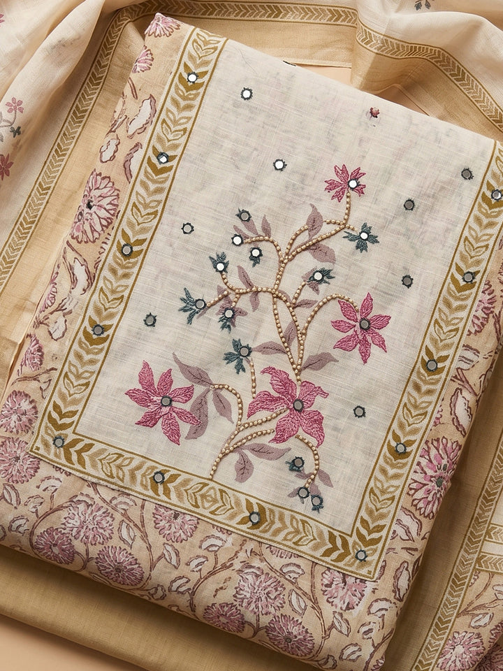 Beige Embroidered Cotton Blend Unstitched Suit With Pant &amp; Dupatta
