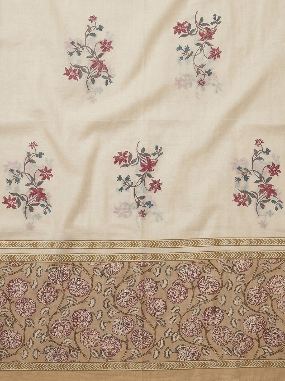 Beige Embroidered Cotton Blend Unstitched Suit With Pant &amp; Dupatta