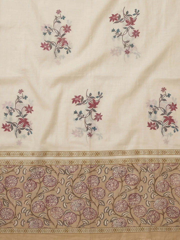 Beige Embroidered Cotton Blend Unstitched Suit With Pant &amp; Dupatta