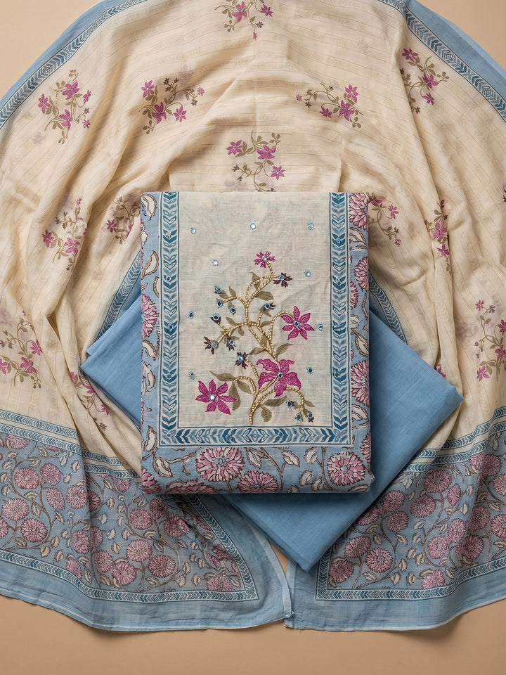 Blue Embroidered Cotton Blend Unstitched Suit With Pant &amp; Dupatta