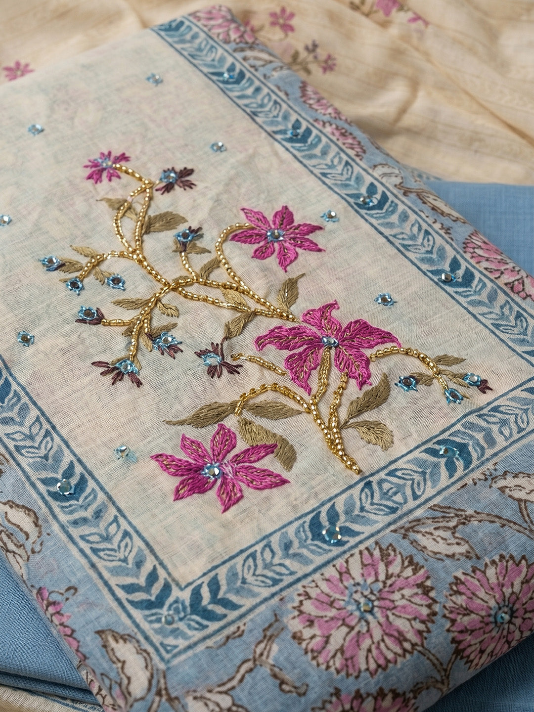 Blue Embroidered Cotton Blend Unstitched Suit With Pant &amp; Dupatta