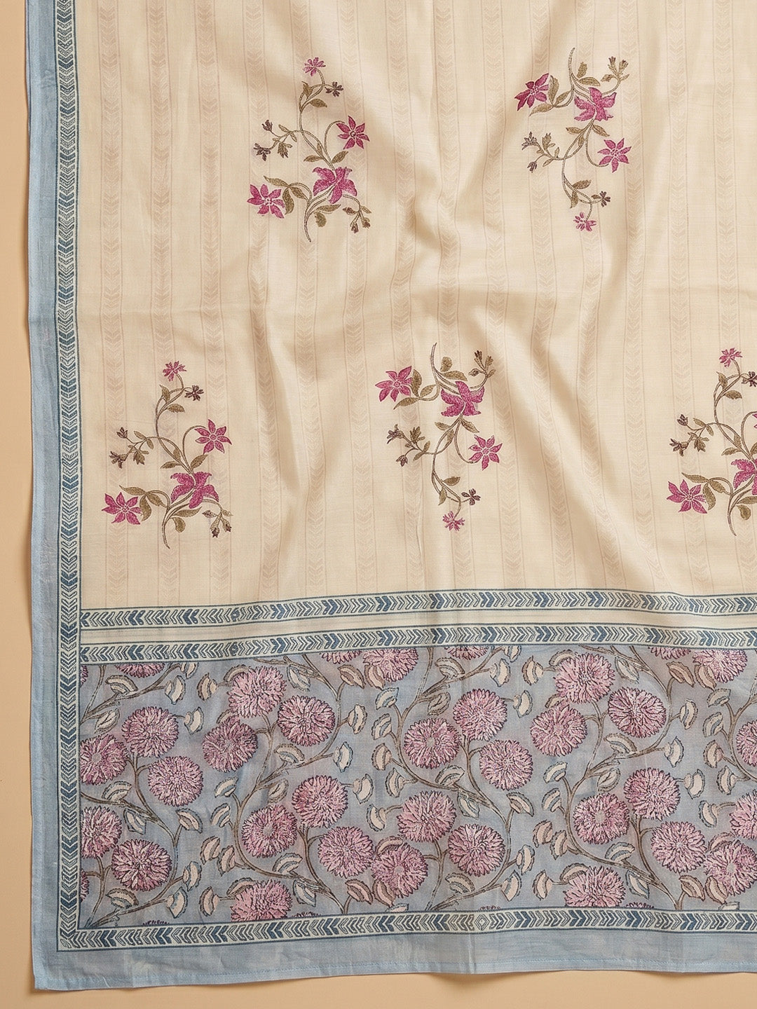 Blue Embroidered Cotton Blend Unstitched Suit With Pant &amp; Dupatta