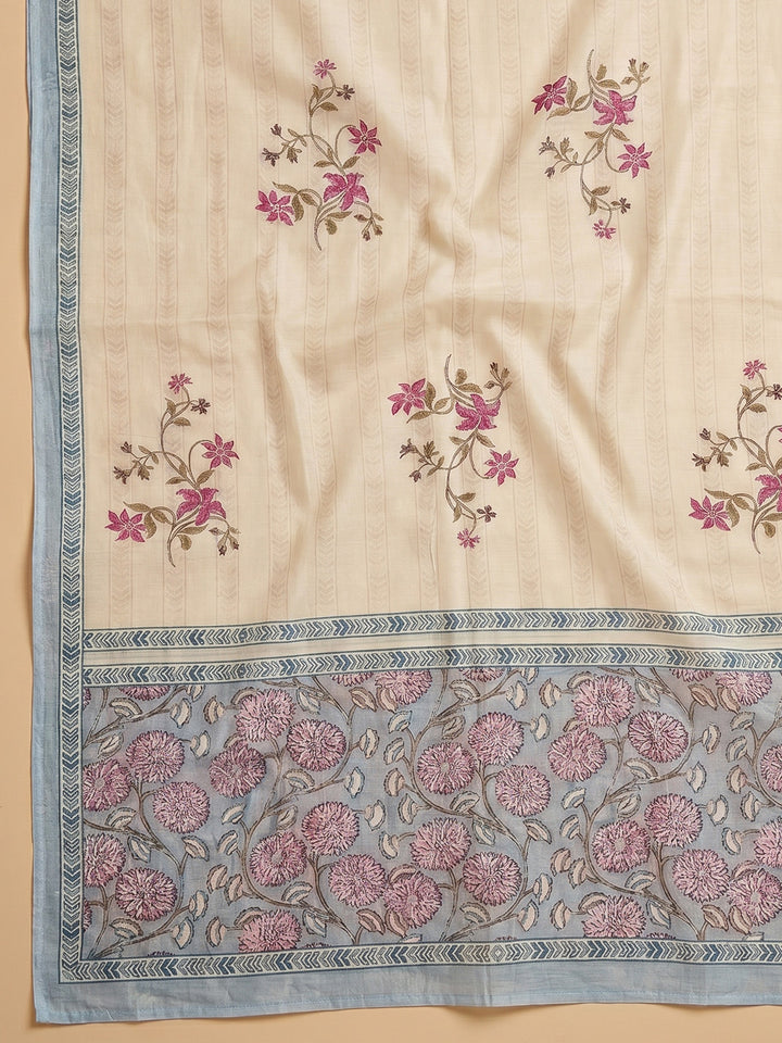 Blue Embroidered Cotton Blend Unstitched Suit With Pant &amp; Dupatta