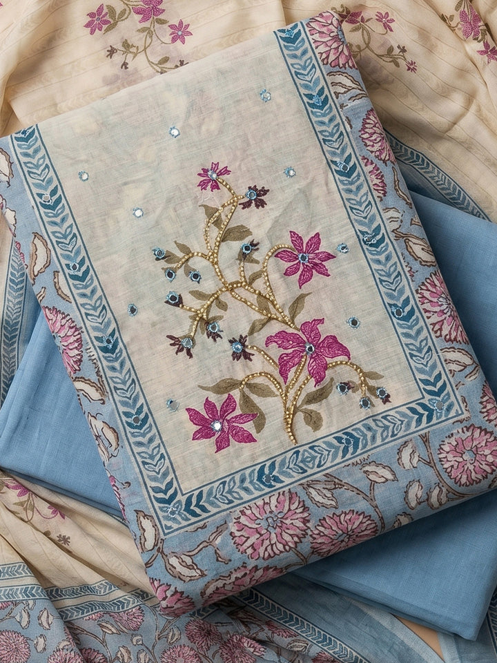 Blue Embroidered Cotton Blend Unstitched Suit With Pant &amp; Dupatta