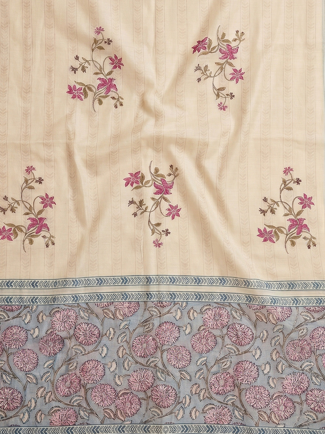 Blue Embroidered Cotton Blend Unstitched Suit With Pant &amp; Dupatta