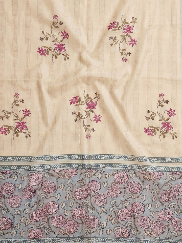 Blue Embroidered Cotton Blend Unstitched Suit With Pant &amp; Dupatta