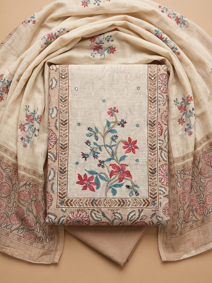Peach Embroidered Cotton Blend Unstitched Suit With Pant &amp; Dupatta