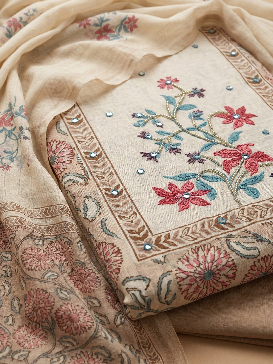 Peach Embroidered Cotton Blend Unstitched Suit With Pant &amp; Dupatta