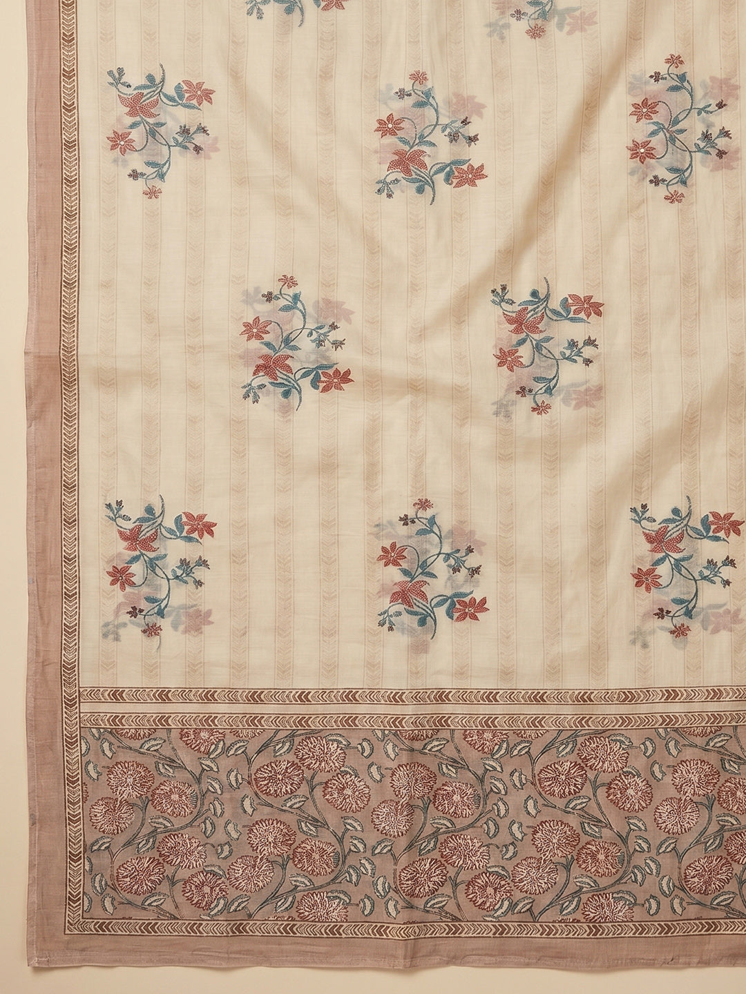 Peach Embroidered Cotton Blend Unstitched Suit With Pant &amp; Dupatta