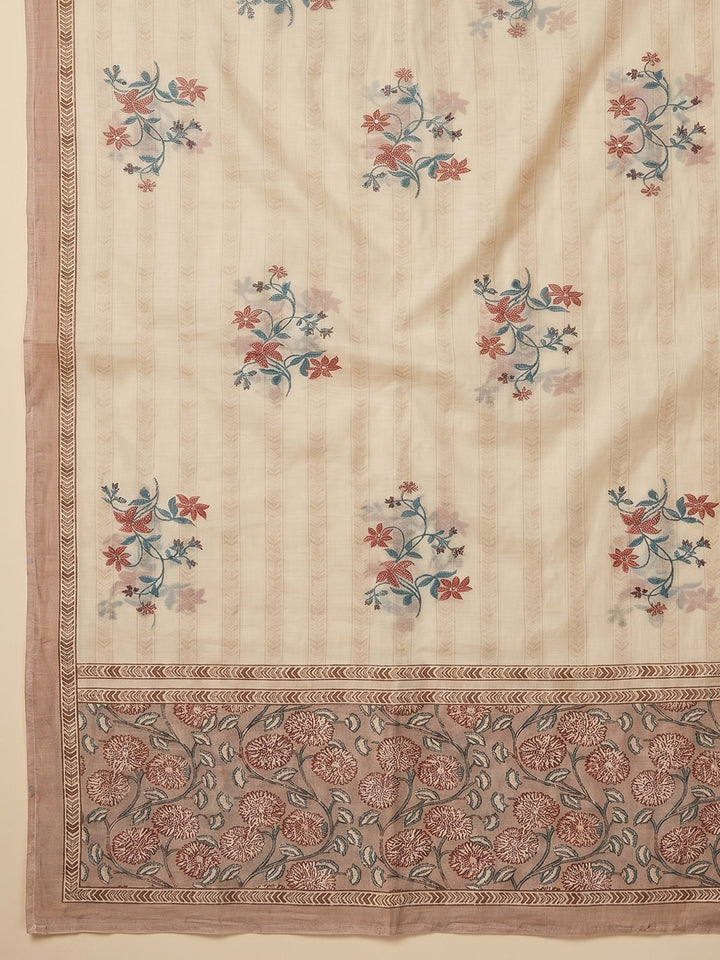 Peach Embroidered Cotton Blend Unstitched Suit With Pant &amp; Dupatta