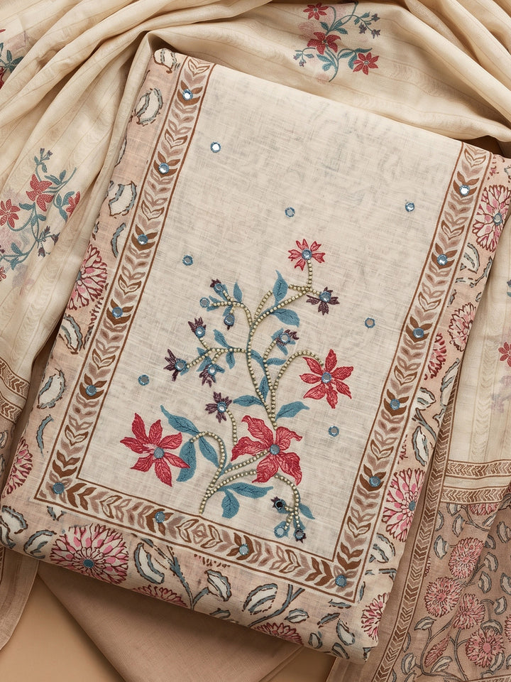 Peach Embroidered Cotton Blend Unstitched Suit With Pant &amp; Dupatta