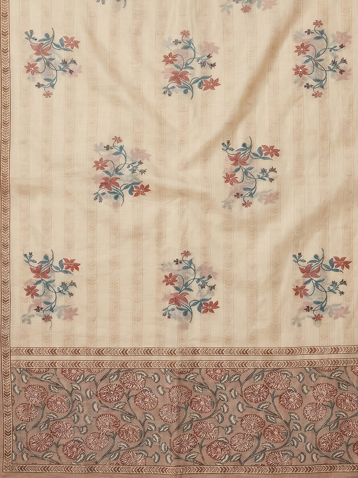 Peach Embroidered Cotton Blend Unstitched Suit With Pant &amp; Dupatta