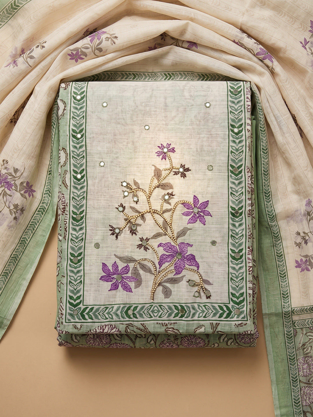 Pista Green Embroidered Cotton Blend Unstitched Suit With Pant &amp; Dupatta