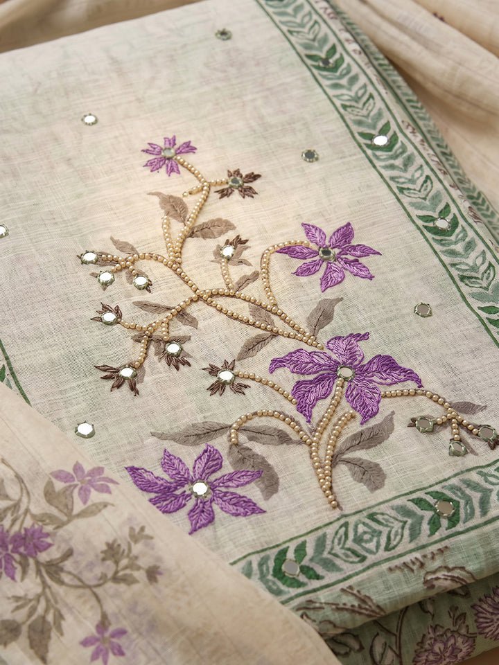 Pista Green Embroidered Cotton Blend Unstitched Suit With Pant &amp; Dupatta