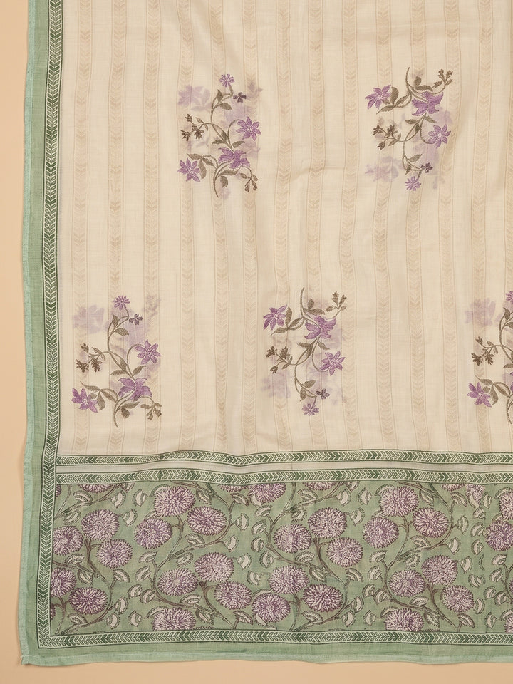 Pista Green Embroidered Cotton Blend Unstitched Suit With Pant &amp; Dupatta