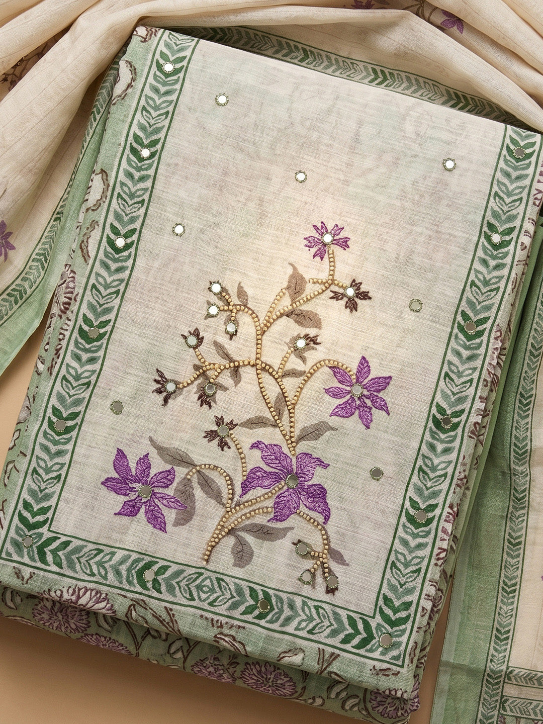 Pista Green Embroidered Cotton Blend Unstitched Suit With Pant &amp; Dupatta