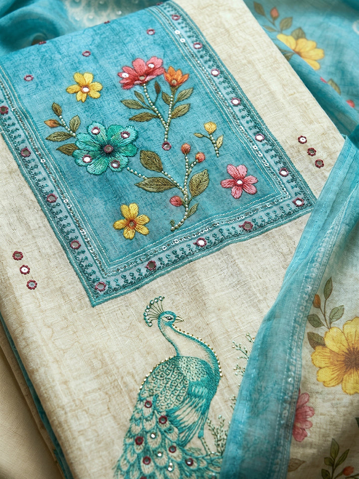 Firozee Embroidered Chanderi Unstitched Suit With Pant &amp; Dupatta