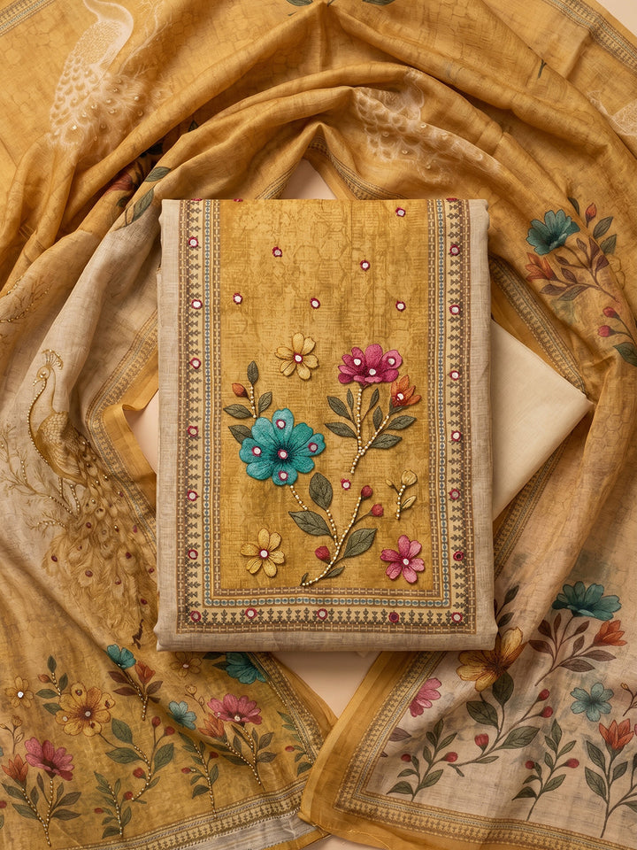 Mustard Embroidered Chanderi Unstitched Suit With Pant &amp; Dupatta