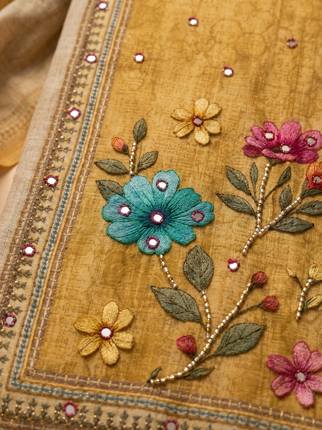 Mustard Embroidered Chanderi Unstitched Suit With Pant &amp; Dupatta