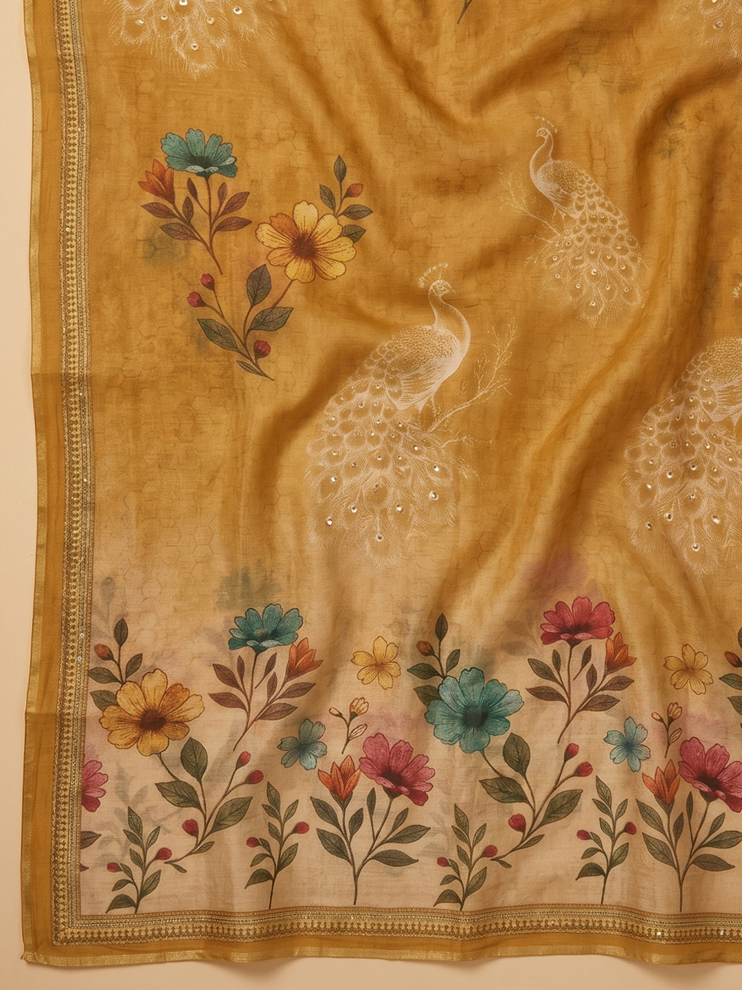 Mustard Embroidered Chanderi Unstitched Suit With Pant &amp; Dupatta