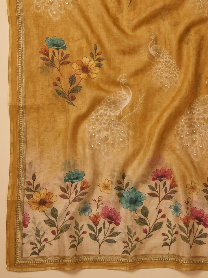 Mustard Embroidered Chanderi Unstitched Suit With Pant &amp; Dupatta