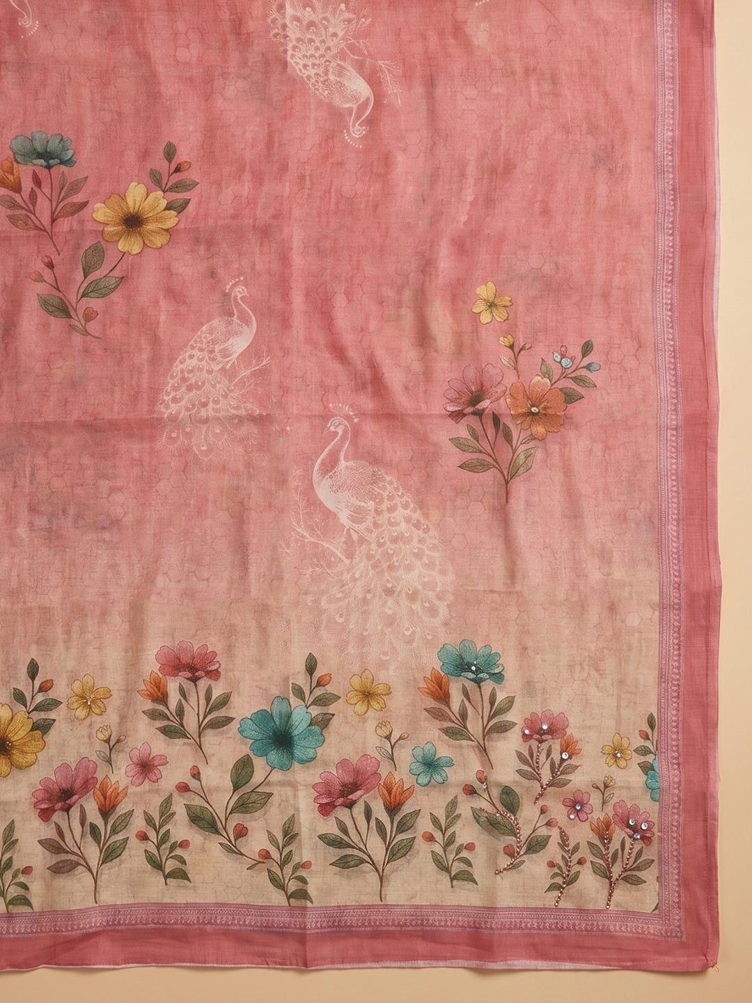 Onion Pink Embroidered Chanderi Unstitched Suit With Pant &amp; Dupatta