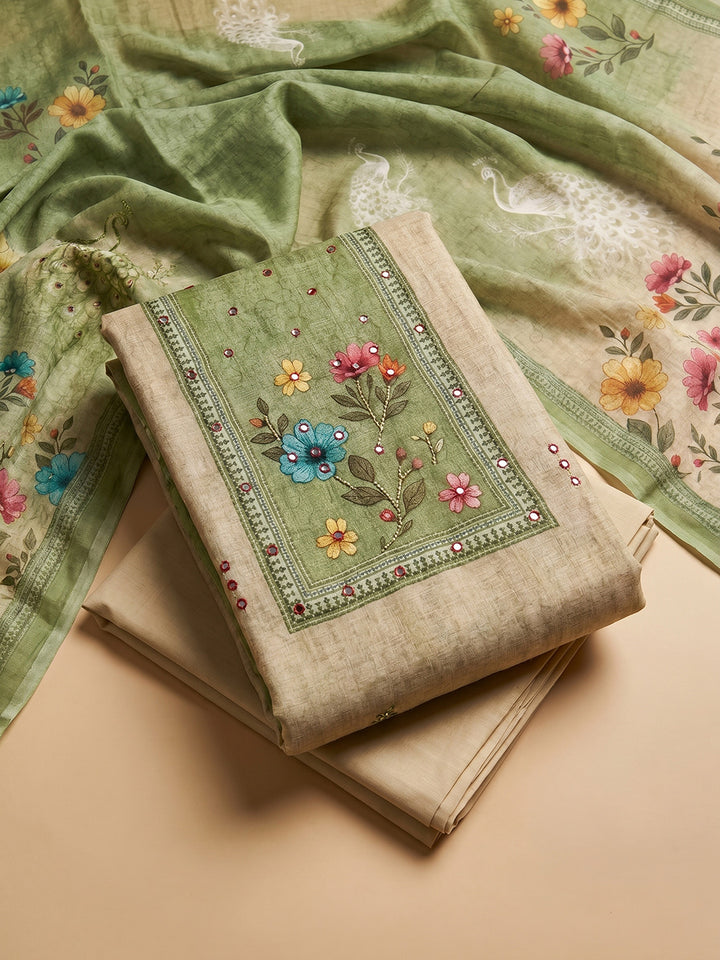 Pista Green Embroidered Chanderi Unstitched Suit With Pant &amp; Dupatta